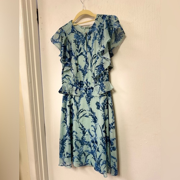 Tommy Hilfiger Teal and Blue Floral Flutter Sleeve Mini Dress - Picture 2 of 6